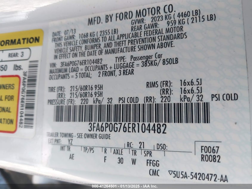 2014 FORD FUSION VIN: 3FA6P0G76ER104482