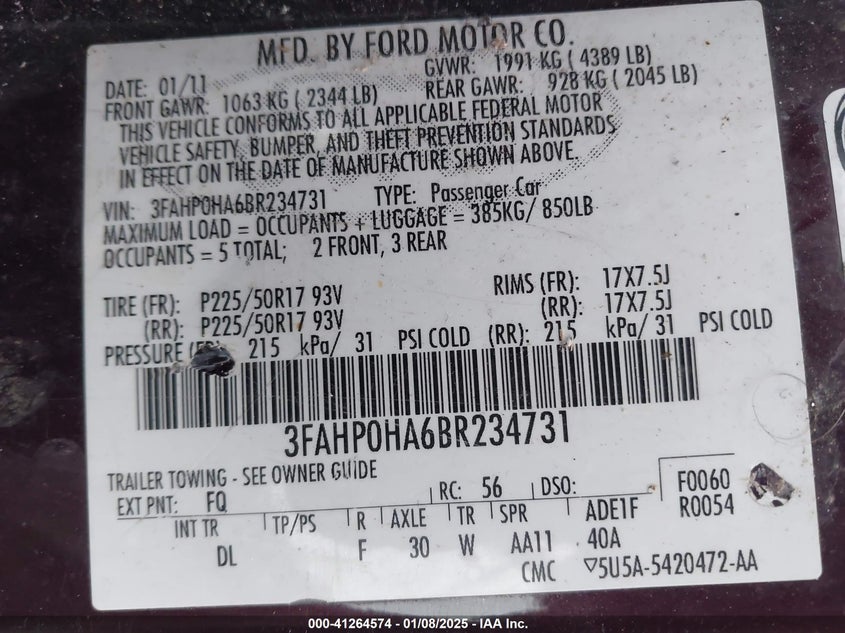 2011 FORD FUSION VIN: 3FAHP0HA6BR234731