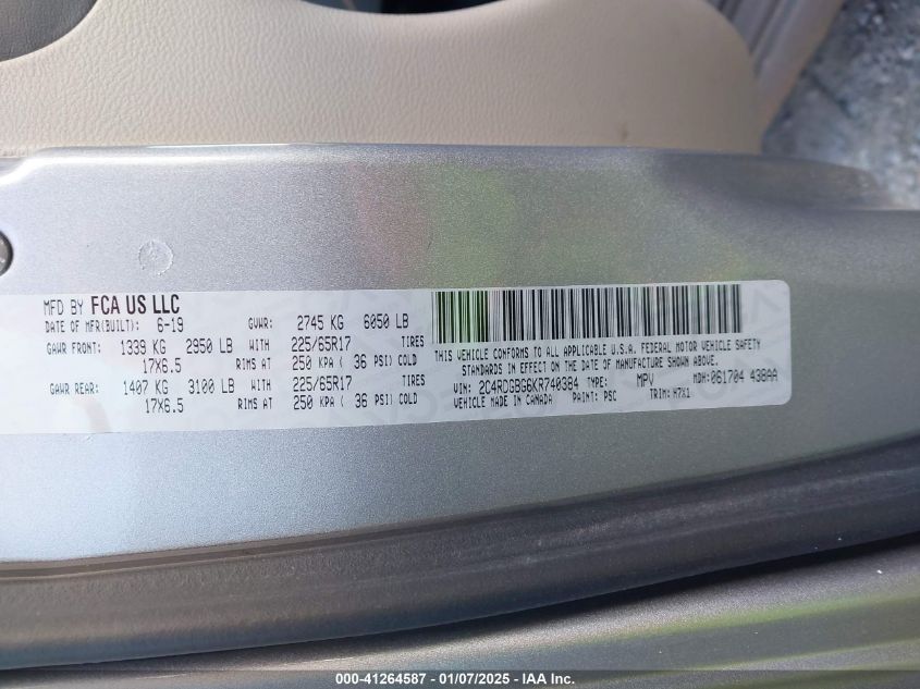 2019 Dodge Grand Caravan Se VIN: 2C4RDGBG6KR740384 Lot: 41264587