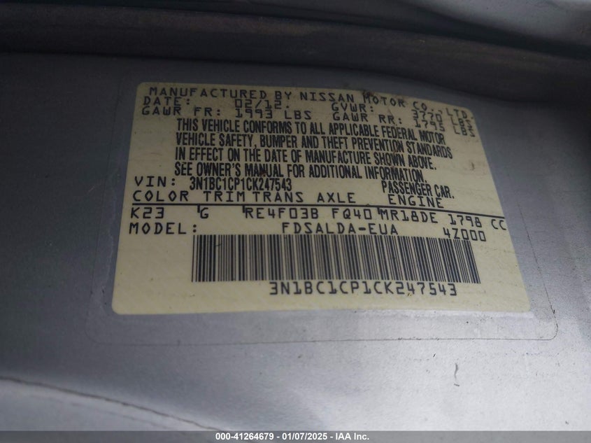 2012 NISSAN VERSA VIN: 3N1BC1CP1CK247543