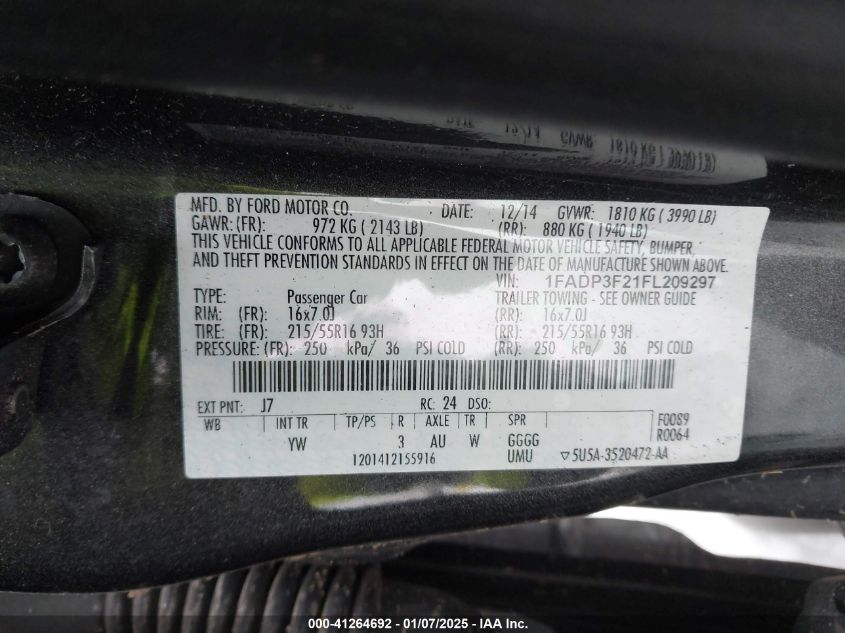 VIN 1FADP3F21FL209297 2015 FORD FOCUS no.9