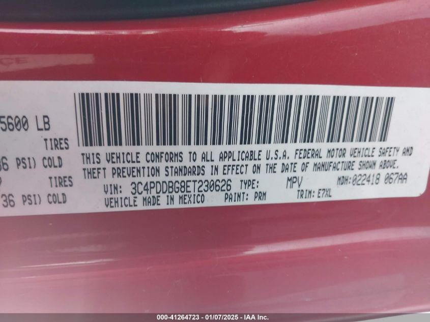 2014 Dodge Journey Sxt VIN: 3C4PDDBG8ET230626 Lot: 41264723