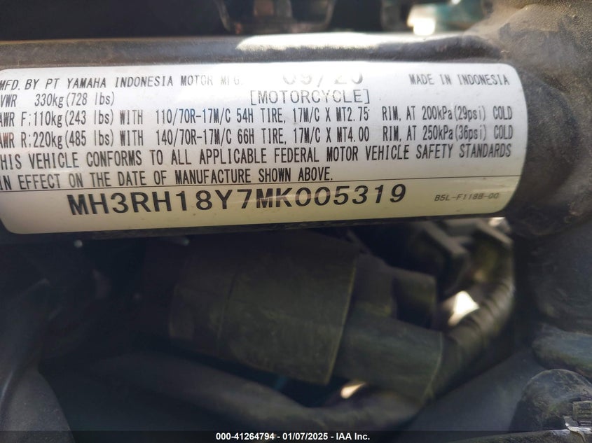 VIN MH3RH18Y7MK005319 2021 YAMAHA YZFR3 A