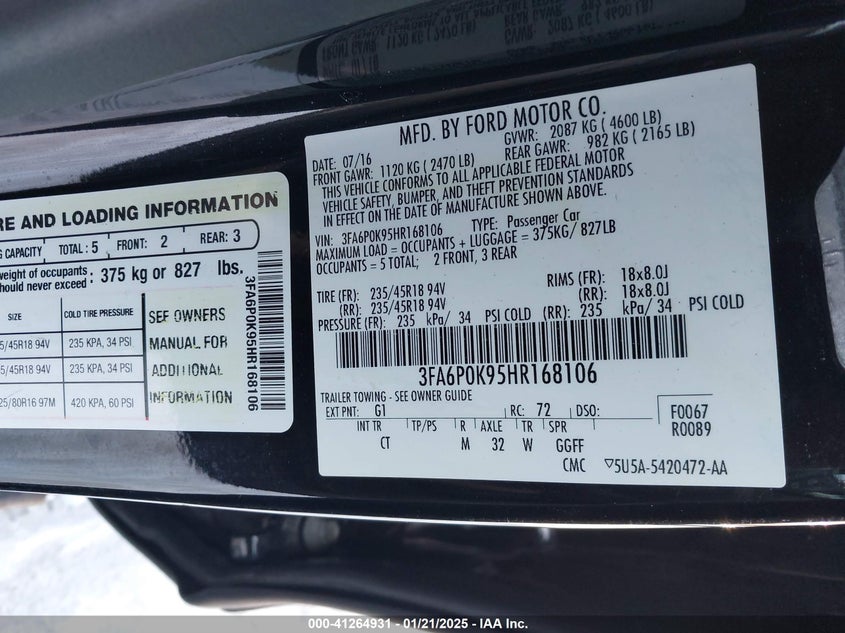 2017 FORD FUSION VIN: 3FA6P0K95HR168106