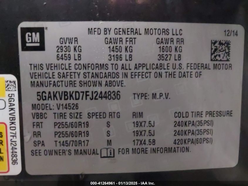 2015 Buick Enclave Leather VIN: 5GAKVBKD7FJ244836 Lot: 41264961