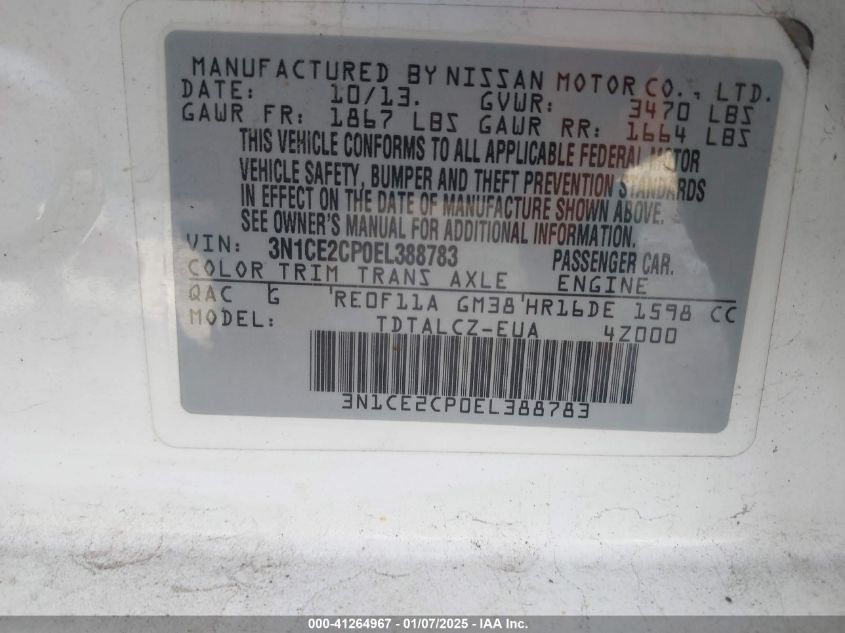 VIN 3N1CE2CP0EL388783 2014 NISSAN VERSA NOTE no.9