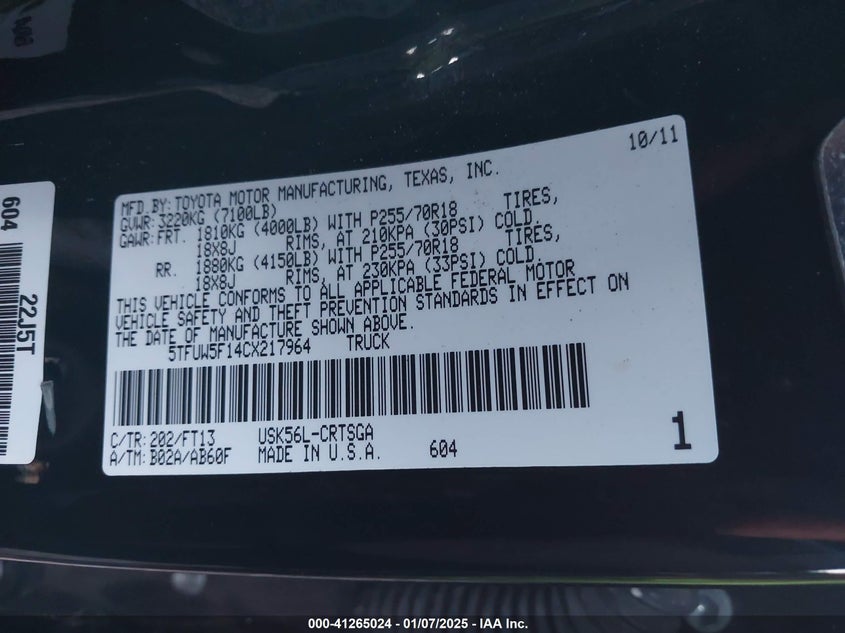 2012 TOYOTA TUNDRA VIN: 5TFUW5F14CX217964