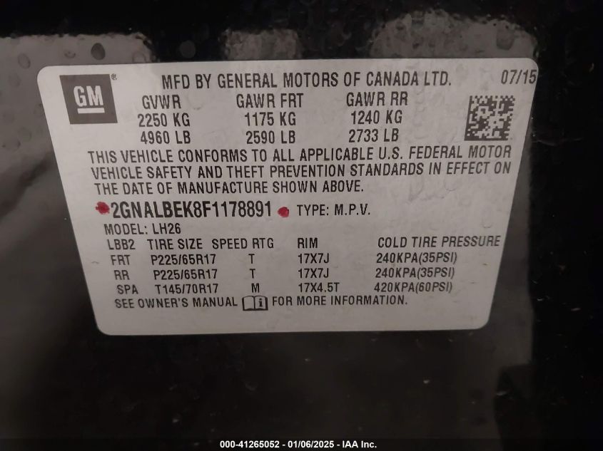 VIN 2GNALBEK8F1178891 2015 Chevrolet Equinox, 1LT no.9