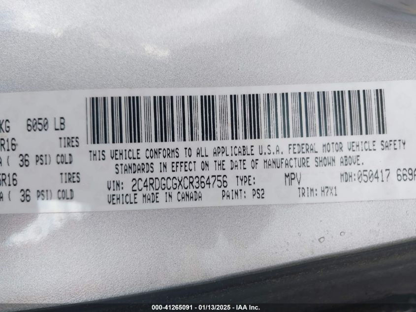 2012 Dodge Grand Caravan Sxt VIN: 2C4RDGCGXCR364756 Lot: 41265091