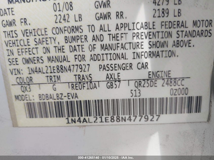 2008 NISSAN ALTIMA VIN: 1N4AL21E88N477927
