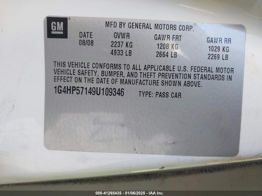 2009 BUICK LUCERNE VIN: 1G4HP57149U109346