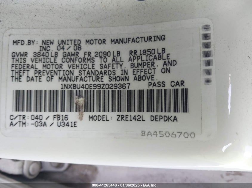 2009 TOYOTA COROLLA VIN: 1NXBU40E99Z029367