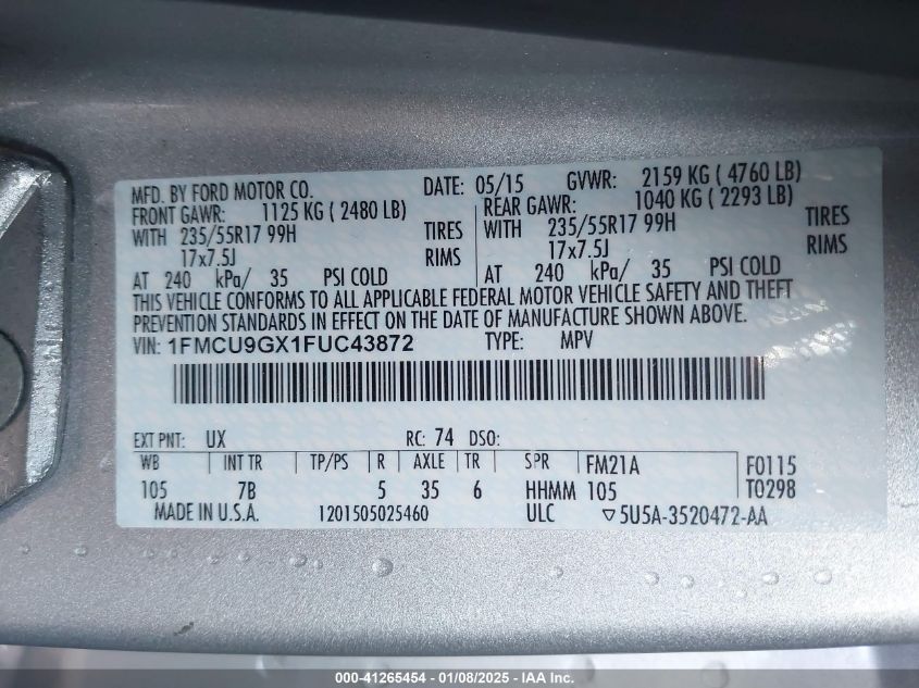 VIN 1FMCU9GX1FUC43872 2015 FORD ESCAPE no.9