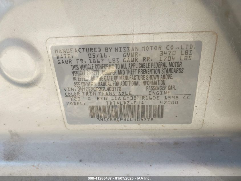 VIN 3N1CE2CP3GL403778 2016 NISSAN VERSA NOTE no.9