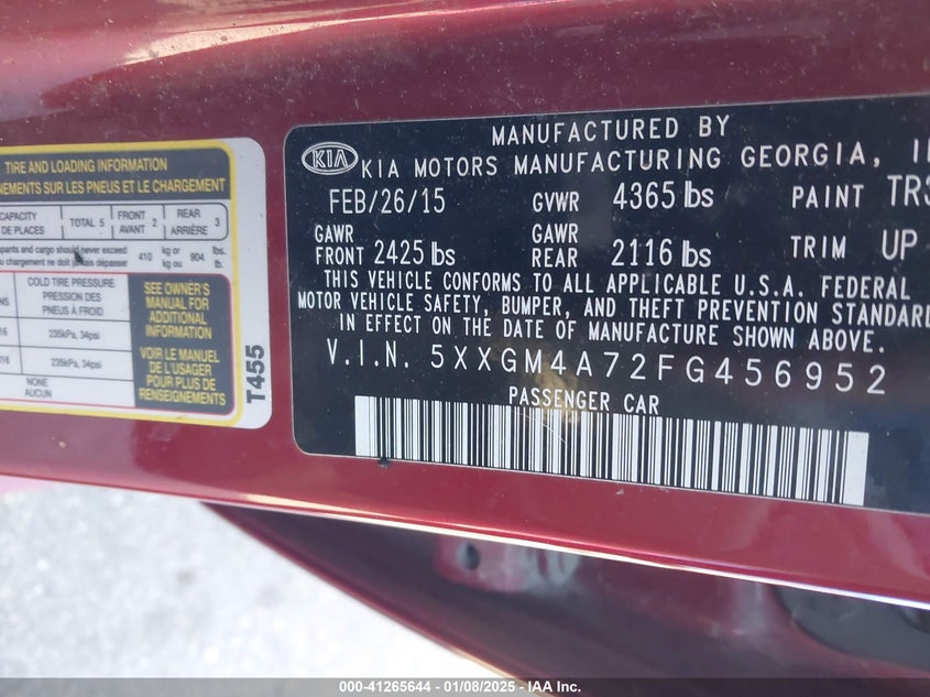 2015 KIA OPTIMA VIN: 5XXGM4A72FG456952