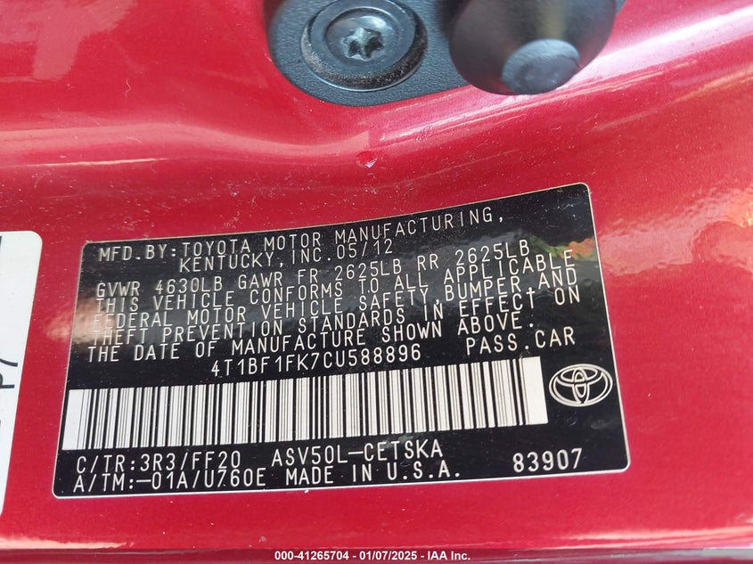 2012 TOYOTA CAMRY VIN: 4T1BF1FK7CU588896