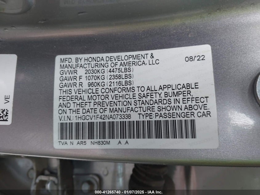 2022 HONDA ACCORD VIN: 1HGCV1F42NA073338