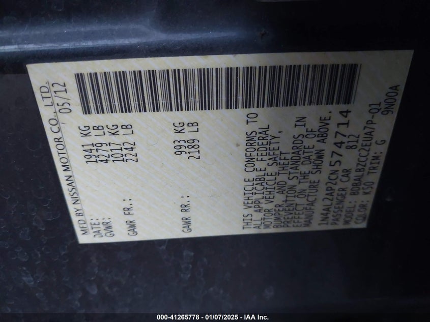 2012 NISSAN ALTIMA VIN: 1N4AL2AP2CN574714