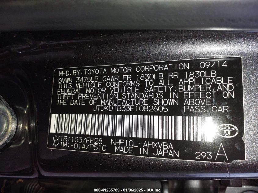 VIN JTDKDTB33E1082605 2014 TOYOTA PRIUS C no.9