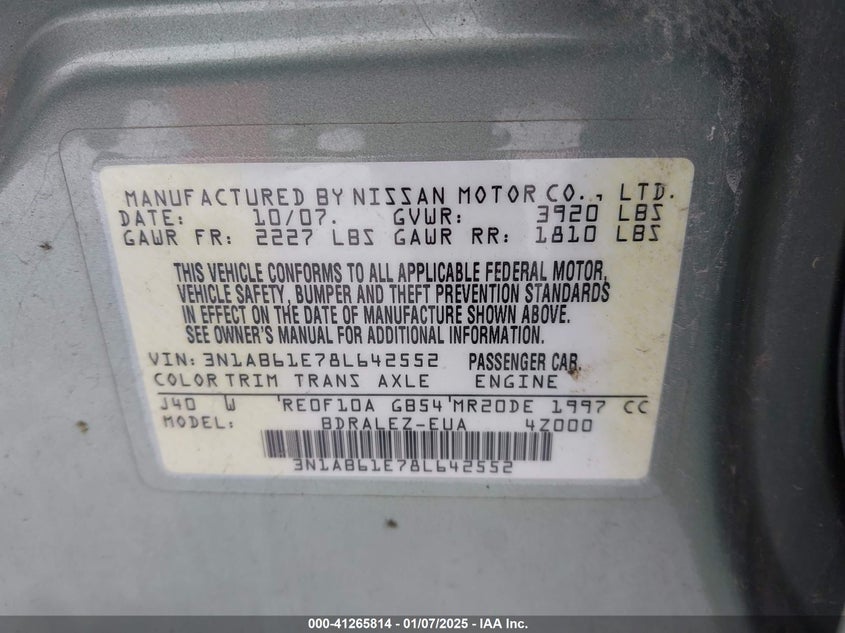2008 NISSAN SENTRA VIN: 3N1AB61E78L642552