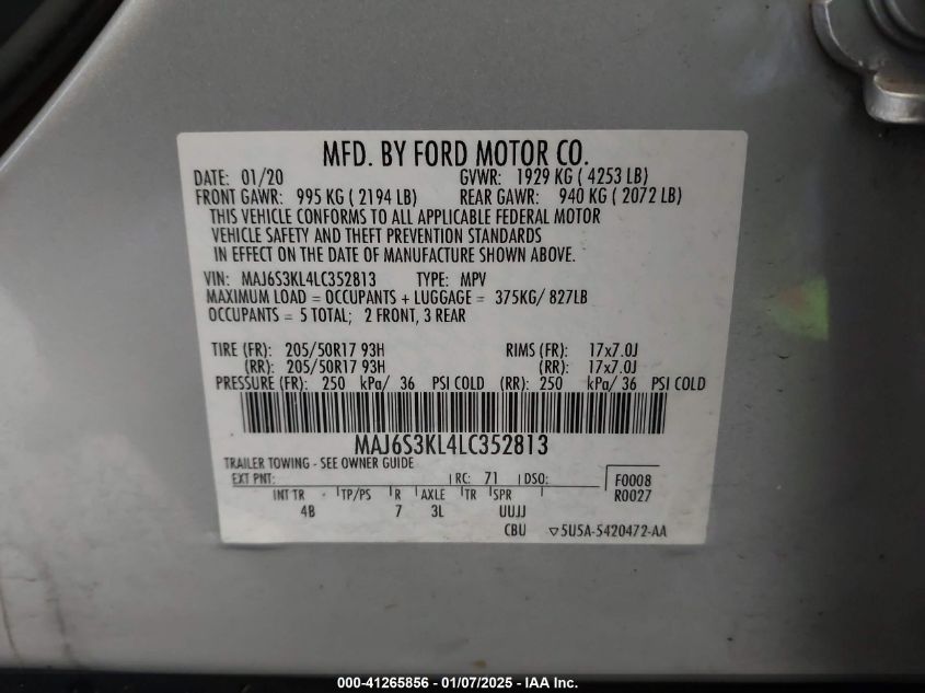 2020 Ford Ecosport Titanium VIN: MAJ6S3KL4LC352813 Lot: 41265856