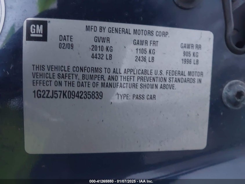 2009 PONTIAC G6 VIN: 1G2ZJ57K094235839