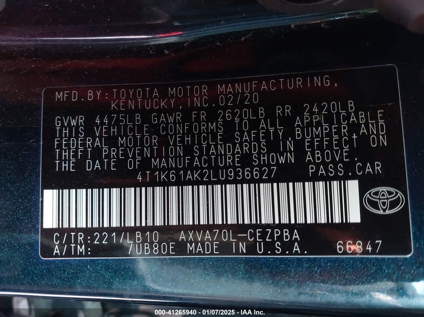 2020 TOYOTA CAMRY VIN: 4T1K61AK2LU936627