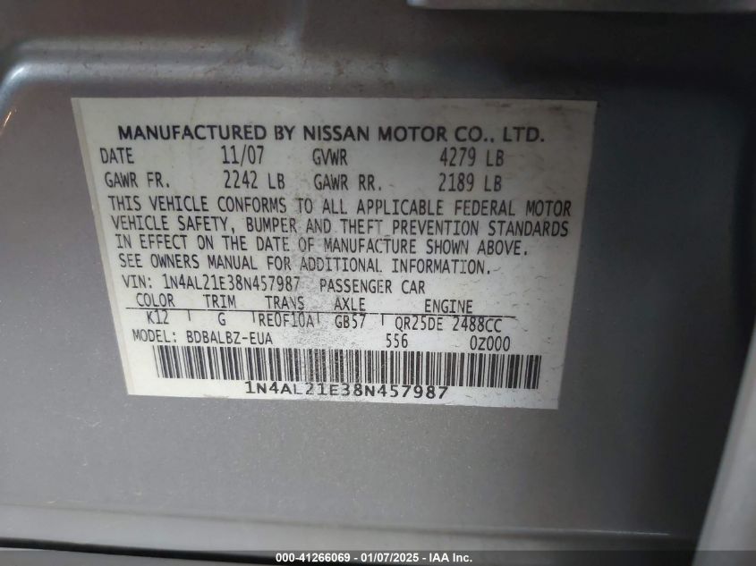 2008 Nissan Altima 2.5 S VIN: 1N4AL21E38N457987 Lot: 41266069