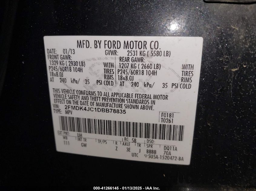 VIN 2FMDK4JC1DBB78835 2013 FORD EDGE no.9