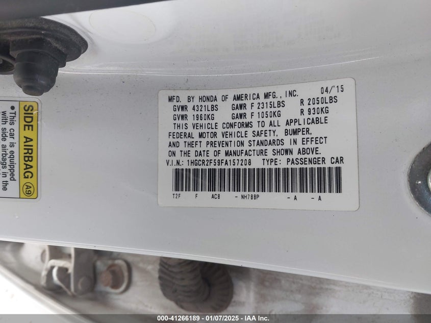 2015 HONDA ACCORD VIN: 1HGCR2F59FA157208