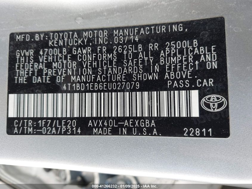 VIN 4T1BD1EB6EU027079 2014 Toyota Avalon, Hybrid Xl... no.9