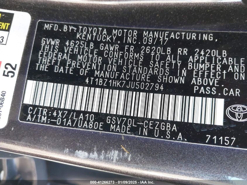 VIN 4T1BZ1HK7JU502794 2018 TOYOTA CAMRY no.9