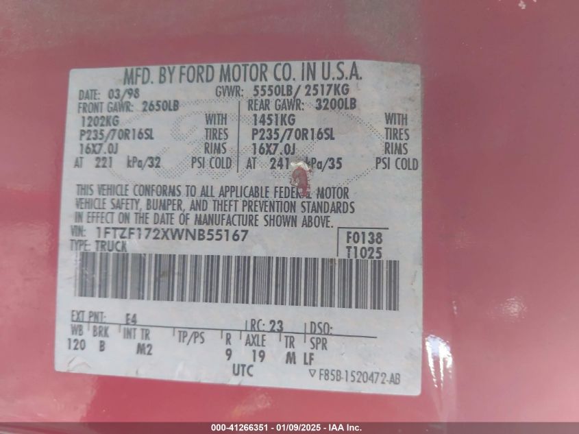 1998 Ford F-150 VIN: 1FTZF172XWNB55167 Lot: 41266351