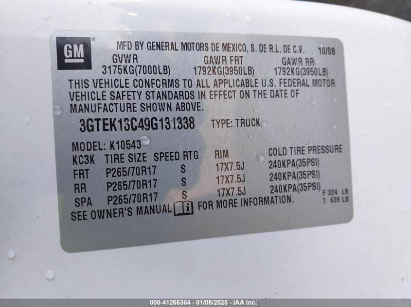 2009 GMC SIERRA 1500 VIN: 3GTEK13C49G131338