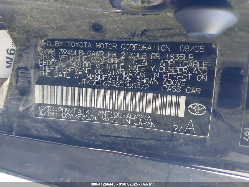 2006 TOYOTA SCION TC VIN: JTKDE167460085472