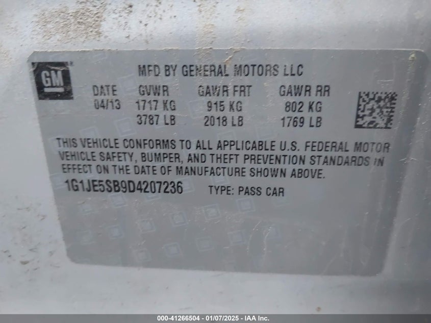 2013 CHEVROLET SONIC VIN: 1G1JE5SB9D4207236