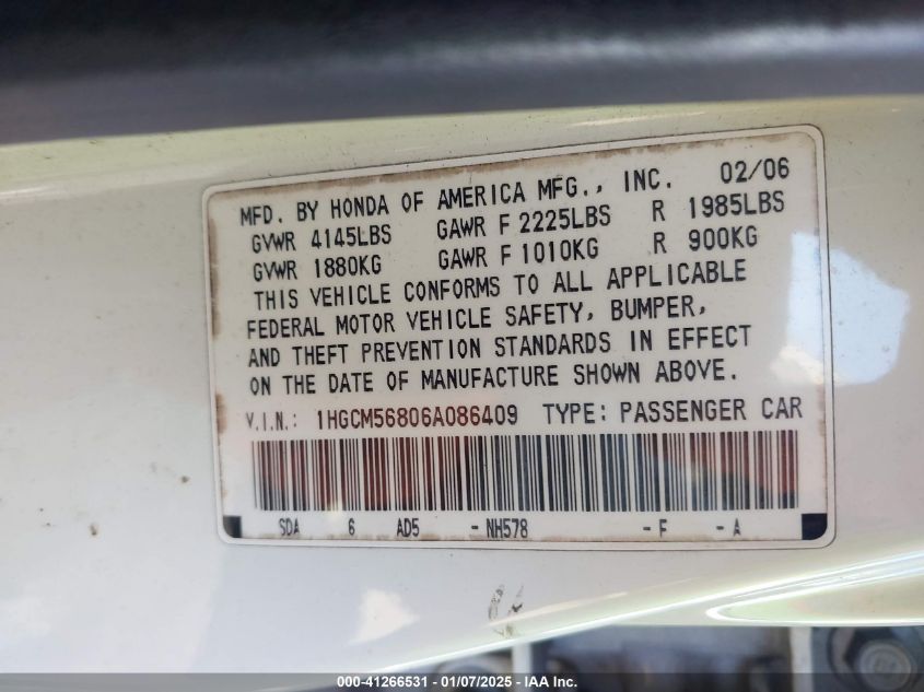 2006 Honda Accord 2.4 Ex VIN: 1HGCM56806A086409 Lot: 41266531