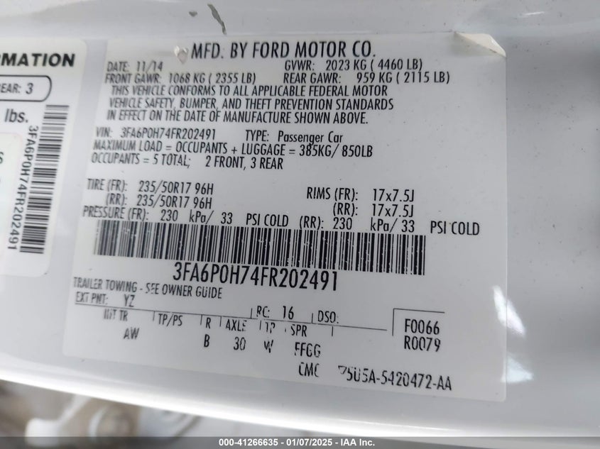 2015 FORD FUSION VIN: 3FA6P0H74FR202491