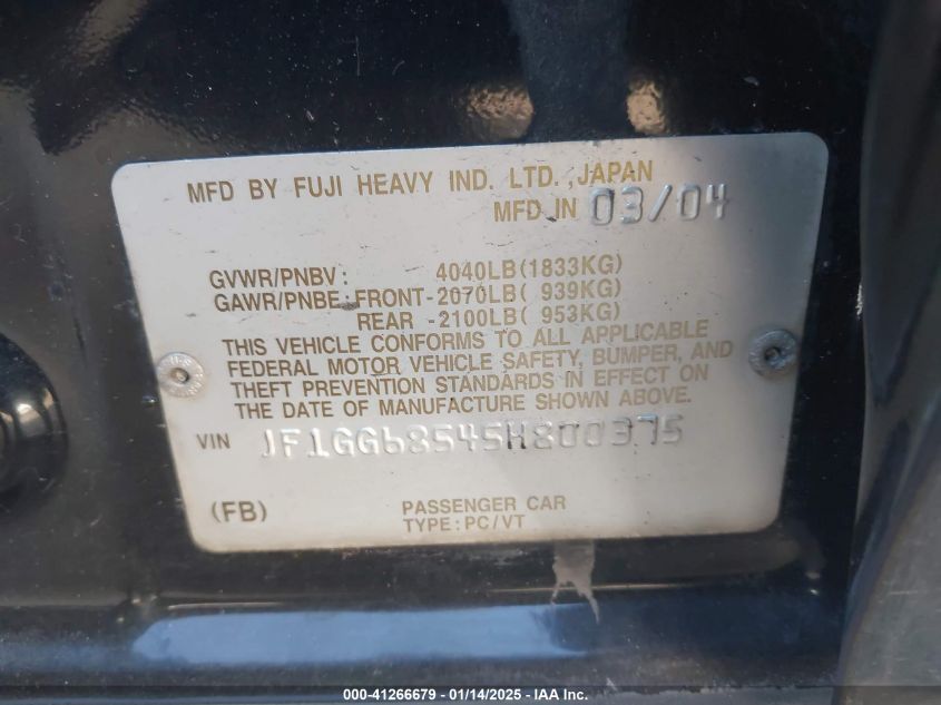 2005 Subaru Impreza Outback Sport Base W/Special Edition VIN: JF1GG68545H800375 Lot: 41266679