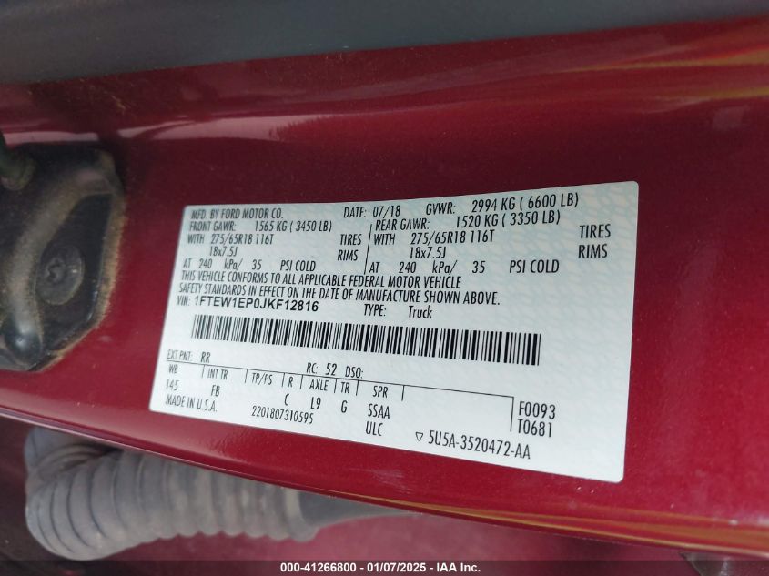 2018 Ford F-150 Xlt VIN: 1FTEW1EP0JKF12816 Lot: 41266800