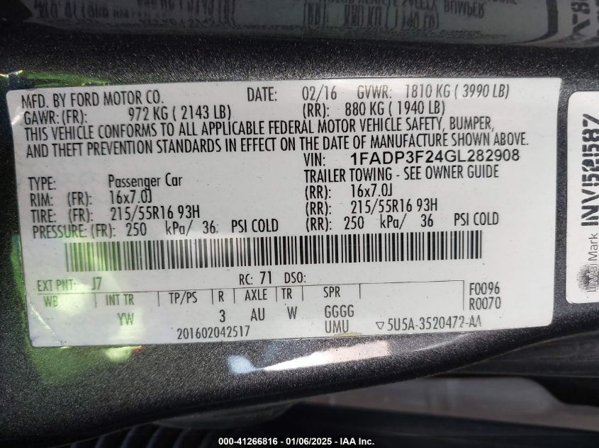 VIN 1FADP3F24GL282908 2016 FORD FOCUS no.9