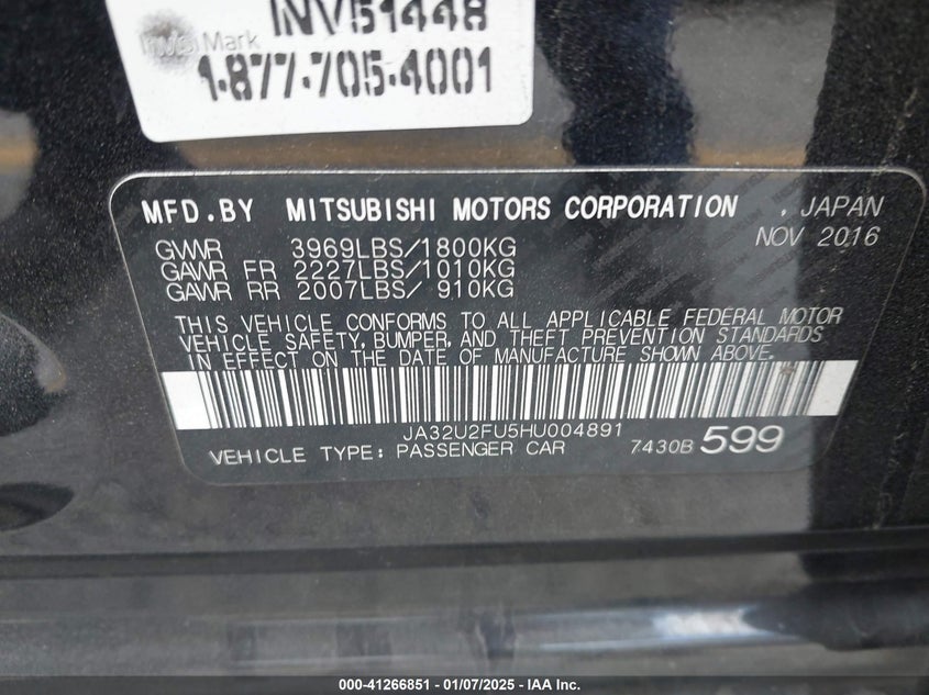 2017 MITSUBISHI LANCER VIN: JA32U2FU5HU004891