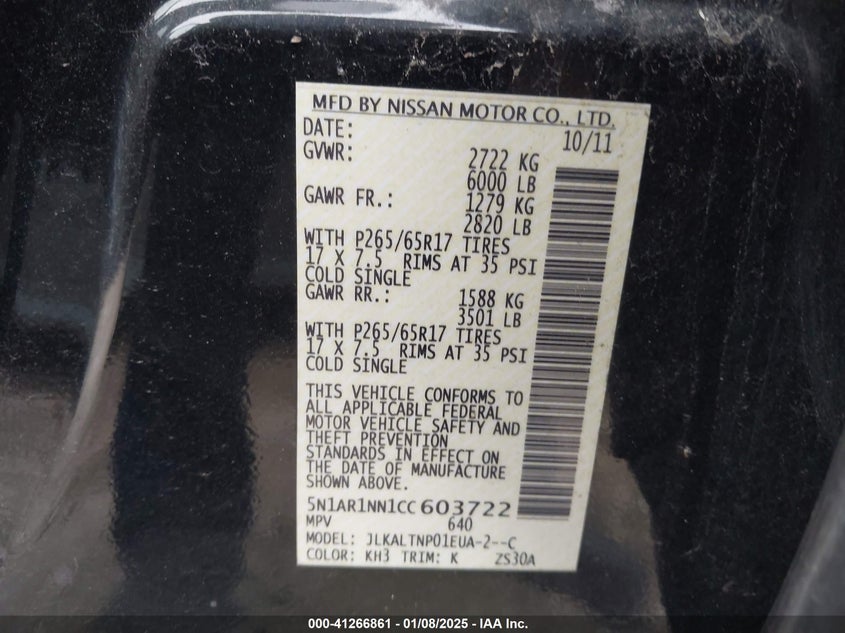 2012 NISSAN PATHFINDER VIN: 5N1AR1NN1CC603722