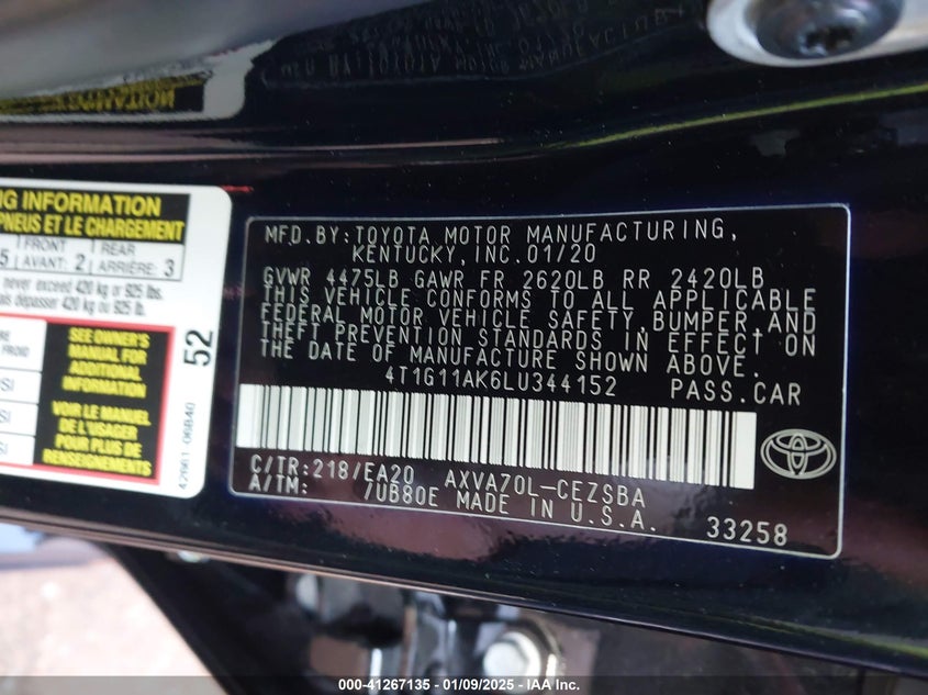 2020 TOYOTA CAMRY VIN: 4T1G11AK6LU344152