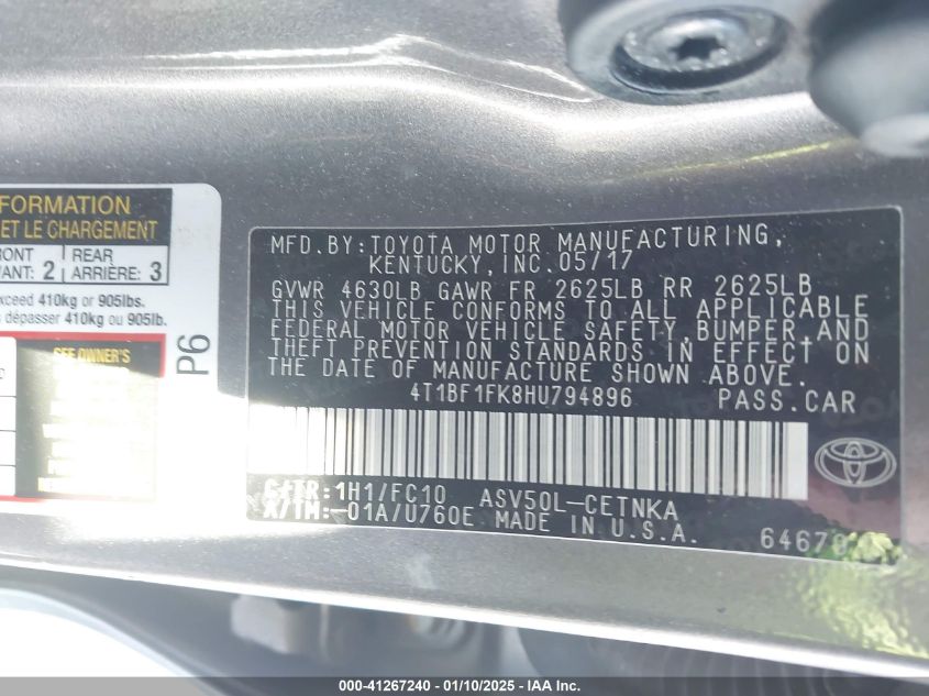 VIN 4T1BF1FK8HU794896 2017 Toyota Camry, LE no.9