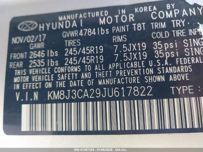 2018 Hyundai Tucson Limited VIN: KM8J3CA29JU617822 Lot: 41267354