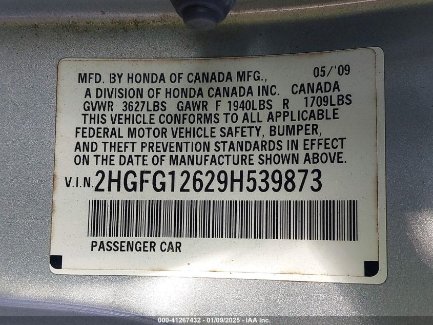 2009 Honda Civic Lx VIN: 2HGFG126298539873 Lot: 41267432