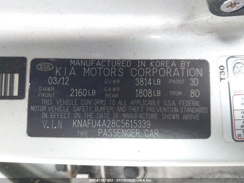2012 KIA FORTE VIN: KNAFU4A28C5615339