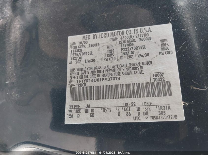 2001 Ford Ranger Edge/Xl/Xlt VIN: 1FTYR14U81PA37074 Lot: 41267561