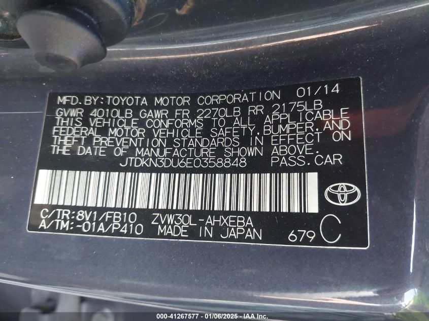 VIN JTDKN3DU6E0358848 2014 TOYOTA PRIUS no.9